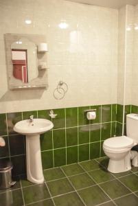 Baño de azulejos verdes con aseo y lavamanos en Hotel Basen, en Sisian