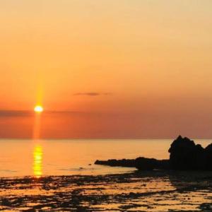 una puesta de sol sobre el océano con una roca en el agua en Sea hotel en Pangani