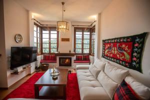 a living room with a white couch and a tv at Alonia Forest House in Kryonérion