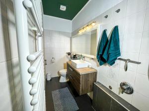 a bathroom with a sink and a toilet and a mirror at Landhaus beim Knoops Park in Bremen +98 photos