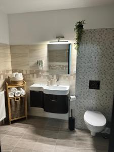 een badkamer met een wastafel en een toilet bij Apartament Natymar2 in Adjud