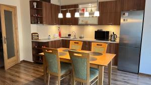 a kitchen with a table and chairs and a refrigerator at RIGA street Apartments 54 in Valmiera