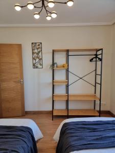 1 Schlafzimmer mit 2 Betten und einem Kronleuchter in der Unterkunft a 2 min de Gascona in Oviedo