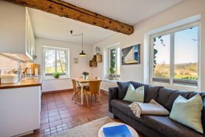 Una sala de estar con un sofá y una cocina. en Voßberg großes Ferienhaus, en Grömitz