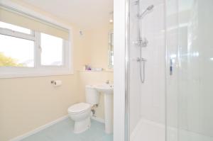 a bathroom with a shower and a toilet and a sink at 24 Tollgate Cottages in Seaview