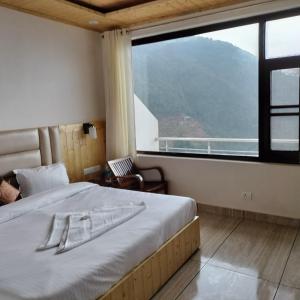 達爾豪西的住宿－Grand Kailash Khajjiar，一间卧室设有一张床和一个大窗户