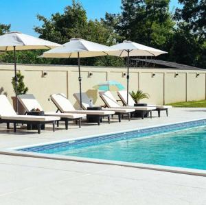 einen Pool mit Liegestühlen und Sonnenschirmen neben einem Pool in der Unterkunft Villa Azul in Šimanovci