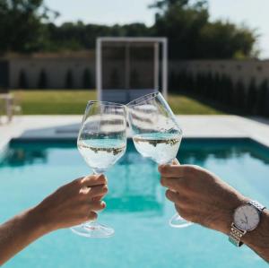 dos personas sosteniendo copas de vino frente a una piscina en Villa Azul, en Šimanovci