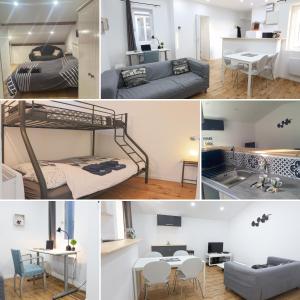 eine Collage mit Fotos von einem Schlafzimmer und einem Wohnzimmer in der Unterkunft Charmant tout confort, T3 Hypercentre Vienne in Vienne