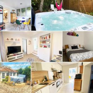 a collage of photos of a house with a swimming pool at Maison avec jardin et jacuzzi proche Polytechnique in Palaiseau