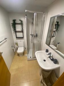 une salle de bain avec douche, lavabo et toilettes dans l'établissement Mar Menor Golf Resort - Casa Destino, à Torre-Pacheco