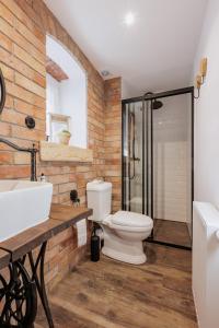 a bathroom with a toilet and a glass shower at Agroturystyka Taszówka Obórka in Taszów