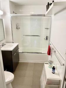 a bathroom with a shower and a toilet and a sink at 2 bedrooms Chelsea apartment - Manhattan in New York