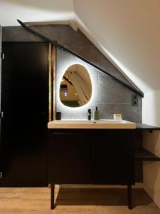 a bathroom with a sink and a mirror at Le Chalet Chic, Cosy avec Sauna au Centre Ville in Troyes