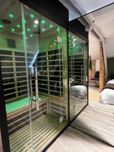 a room with a glass walled shower in a bedroom at Le Chalet Chic, Cosy avec Sauna au Centre Ville in Troyes +8 photos