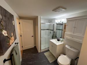 a bathroom with a toilet and a sink and a shower at Renovated 2 Bedroom Suite w/ King Bed in Kamloops