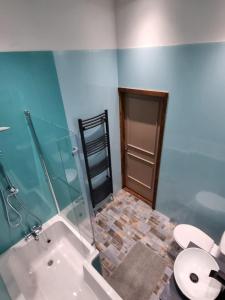 a bathroom with a shower and a toilet and a sink at NEW The Old Drill Hall 3 in Ryde