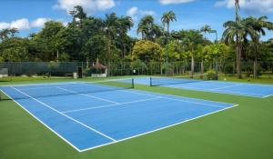 a blue tennis court with palm trees in the background at Sea View - Glitter Bay in Saint James