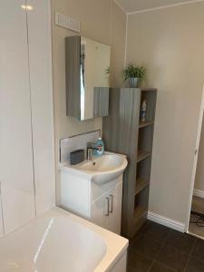 a small bathroom with a sink and a mirror at 2 Bed Lodge Style Caravan with Hot Tub & Private Garden in Patrington