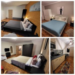 three pictures of a hotel room with two beds at Casa Corona in Braşov