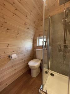 a bathroom with a toilet and a shower at Stoer Pods - Quinag Pod in Lochinver