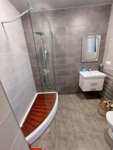 a bathroom with a shower with a tub and a sink at Lux in Gyumri