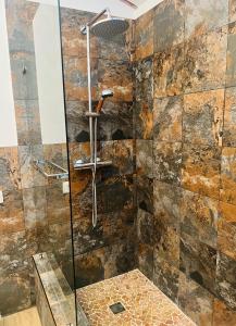 y baño con ducha y pared de piedra. en Casa Santo Antonio, en Pias