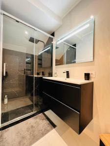 een badkamer met een glazen douche en een wastafel bij Domaine des rives d'Ormoy - Gaïa in Ormoy-la-Rivière