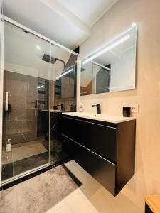 a bathroom with a glass shower and a sink at Appartement Élégant, Climatisation et Piscine in Ormoy-la-Rivière