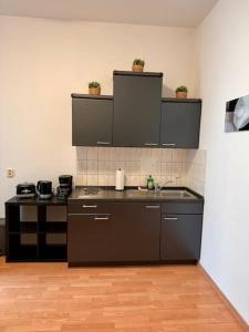 eine Küche mit einer Spüle und einer Arbeitsplatte in der Unterkunft Wohnung im Zentrum 2 in Magdeburg