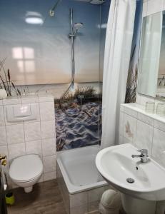 ein Bad mit einer Dusche, einem WC und einem Waschbecken in der Unterkunft Zimmer " Sonnenschein" in Zingst