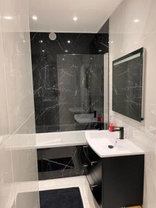 ein schwarzweißes Bad mit einem Waschbecken und einem Spiegel in der Unterkunft Domaine des rives d'Ormoy - Athamante in Ormoy-la-Rivière