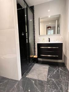 La salle de bains est pourvue d'une douche, d'un lavabo et d'un miroir. dans l'établissement Domaine des rives d'Ormoy - Athamante, à Ormoy-la-Rivière