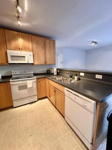 a kitchen with a sink and a stove and a microwave at Flexhome Third Ward 1BR J1 with Gym and Balcony - READ INFO in Milwaukee