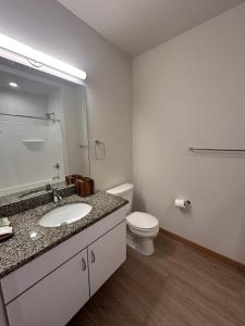 uma casa de banho com um lavatório, um WC e um espelho. em Flexhome East Side 1BR R2 - Brady Fiserv Balcony - READ INFO em Milwaukee