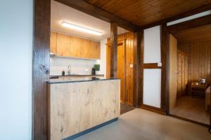 una cucina con armadi in legno e piano di lavoro di Apartment Bergdohle ad Amden