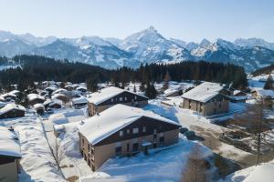 uma aldeia coberta de neve com montanhas ao fundo em Apartment Kaiser em Amden