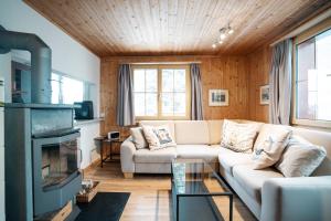 Chalet Chapfwald في امدن: غرفة معيشة مع أريكة ومدفأة