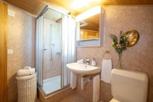 a bathroom with a shower and a sink and a toilet at Chalet Sönderli in Amden