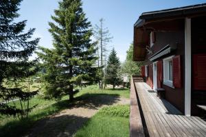 a wooden porch of a house with a tree at Chalet Sönderli in Amden