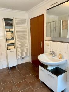 uma casa de banho com um lavatório e um espelho em Ferienwohnung Antonia em Rattelsdorf