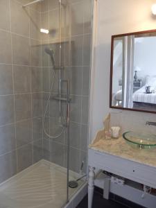 a bathroom with a shower with a sink and a mirror at Au Presbytère de Dagmar in Erbrée