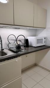 a kitchen counter with a dish drying rack and a microwave at Chambres sur Cergy in Cergy