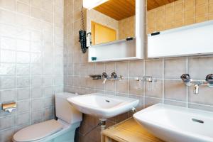 ein Badezimmer mit einem Waschbecken, einem WC und einem Spiegel in der Unterkunft Apartment Bischofberger D22 in Amden