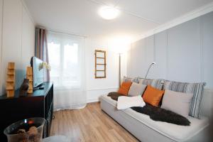 sala de estar con sofá y almohadas de color naranja y blanco en Apartment Heimathus, en Amden