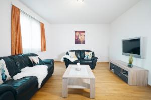 アムデンにあるSchwendihaus Apartmentのリビングルーム(黒い革張りのソファ、テレビ付)
