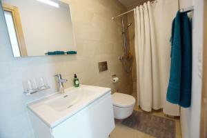 W łazience znajduje się umywalka, toaleta i lustro. w obiekcie Bijou am Bach w mieście Amden
