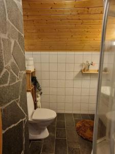 a bathroom with a toilet and a stone wall at Koselig overnattingssted med fjordutsikt in Sjøvegan