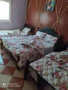 a bedroom with three beds with flowers on them at Guest House Zaida in Zeïda