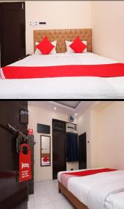 a bedroom with two beds with red and white sheets at Hotel moon place in Lucknow